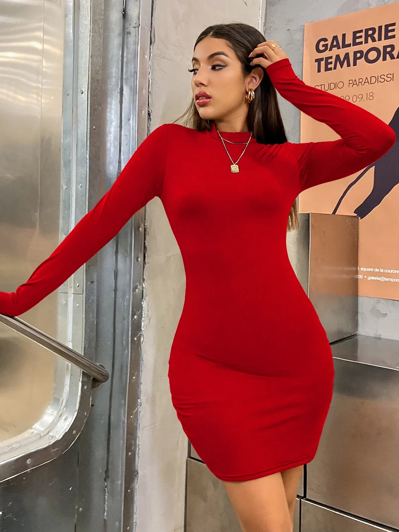 Long Sleeve Slim Bodycon Mini Dress for Women – Turtleneck Ruched Pleated Party Club Evening Dress | Solid Color