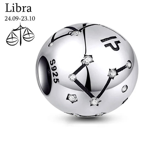 New 925 Sterling Silver Zodiac Constellation Beads | Round Pendant Charms for Women’s Bracelets & DIY Jewelry