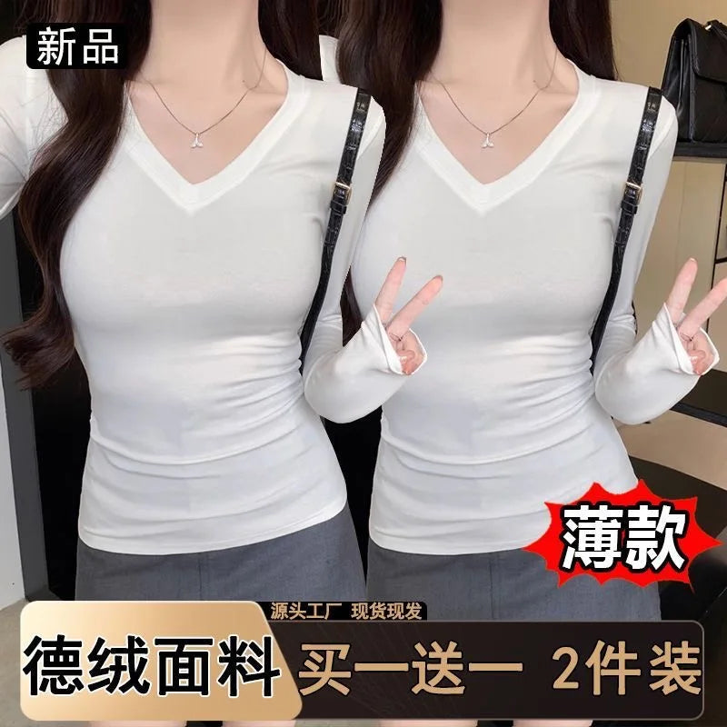 Women's Fleece-Lined Long Sleeve T-Shirt ❄️ Sweet Slim Fit U-Neck Top 👚 Autumn Winter Warm Fashion