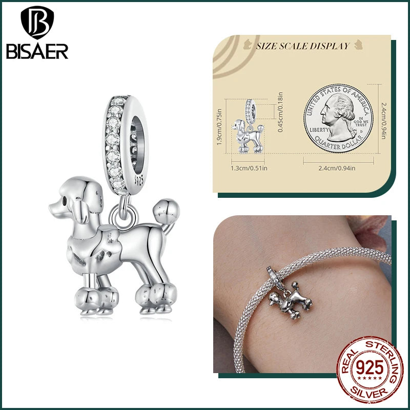 BISAER 925 Sterling Silver Dog Charm | Cute Dachshund Pet Bead Pendant for Women’s DIY Bracelet Jewelry