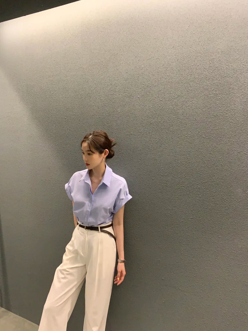 Chic Summer Loose Women’s Shirt | Classic Pure Color Professional Blouse with Small Lapel Collar