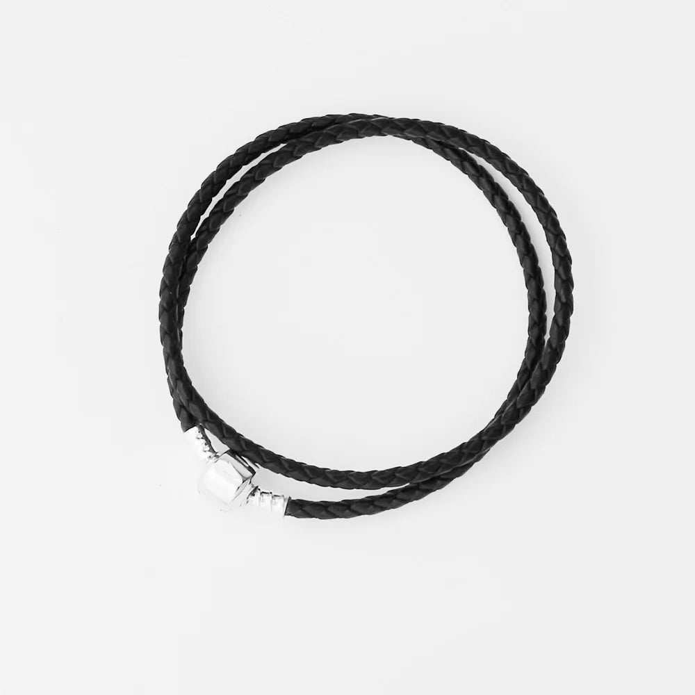925 Sterling Silver Double Black Leather Bracelet | Classic Fashion Jewelry Gift for Women