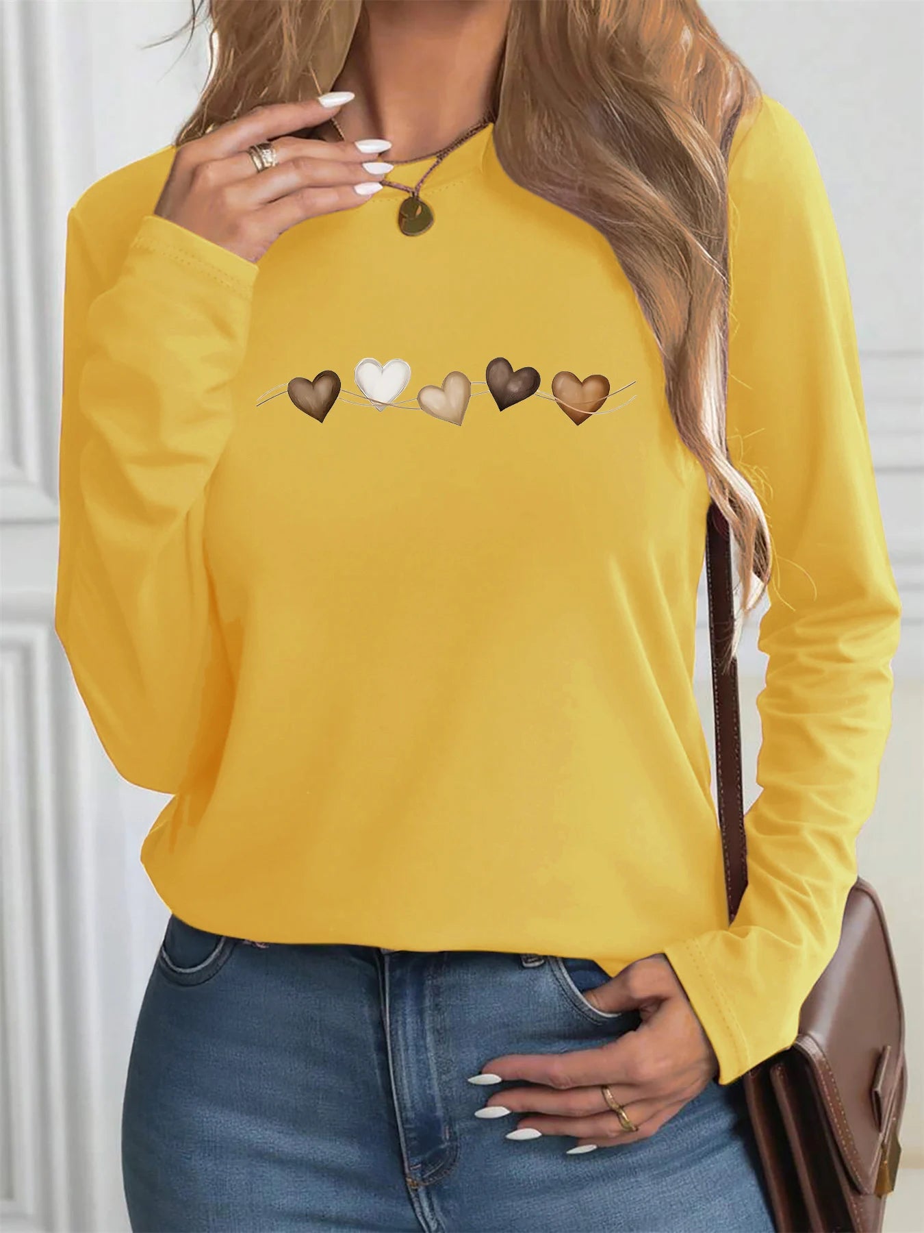 Women’s Autumn Winter 100% Cotton Heart-Print Long Sleeve T-Shirt – Casual Round Neck Top