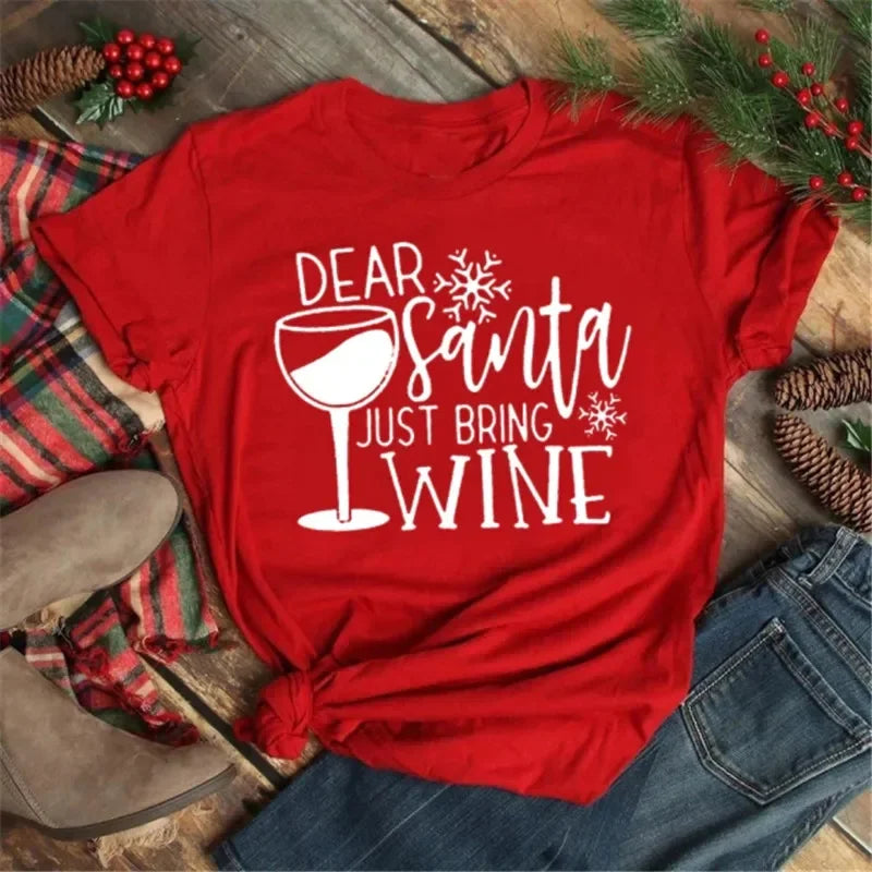 Women’s Christmas Wine Glass T-Shirt | Funny Holiday Black Tee Xmas Gift Top 2025