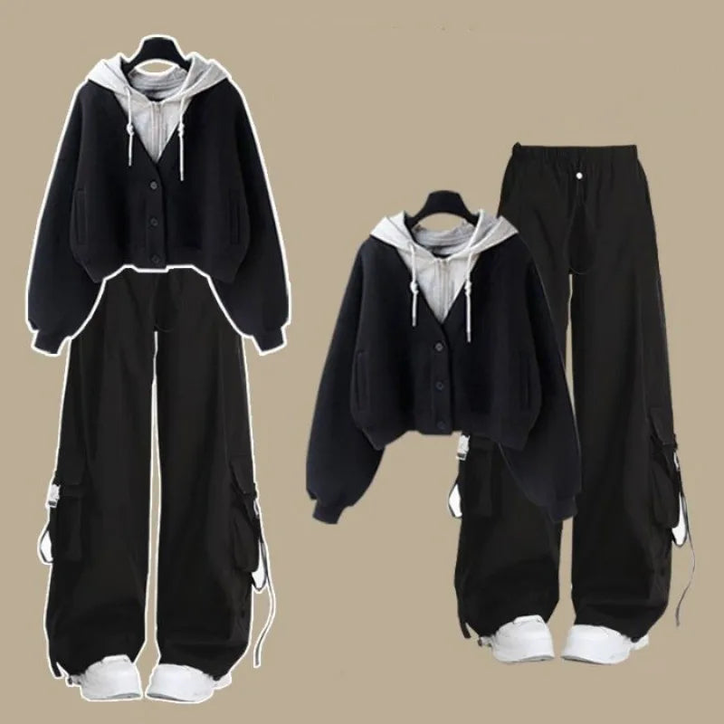 2025 Girls’ Autumn Winter Casual Tracksuit – Korean Style Hooded Sweatshirt & Loose Cargo Pants 👧❄️