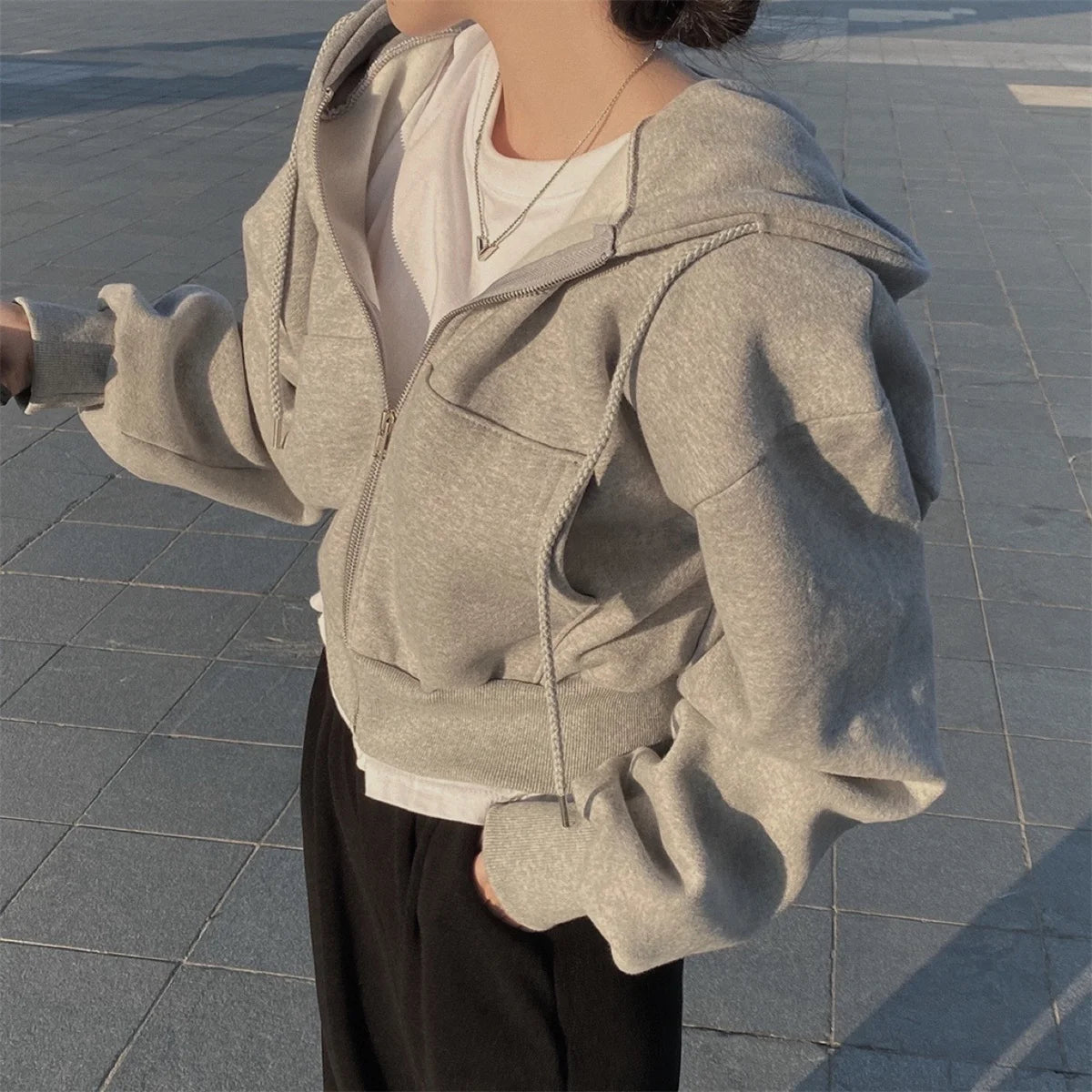 Women's Oversized Zip Up Hoodie | Retro Solid Color Sweatshirt | Autumn Harajuku Loose Short Jacket