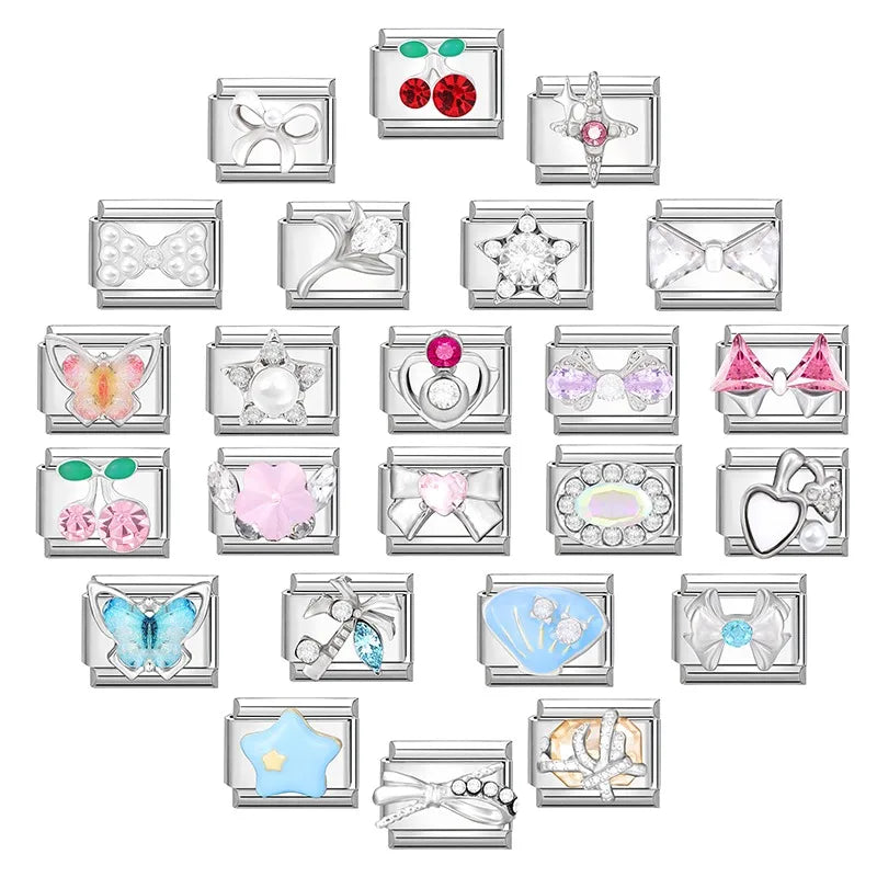 2025 Original Zircon Bow Knot Star Cherry Italian Charm | Stainless Steel 9mm Links DIY Modular Bracelet Jewelry Wholesale