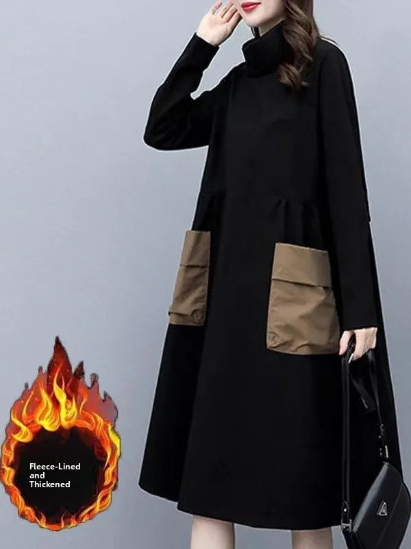 Women’s Retro Thickened Fleece Mid-Length Winter Skirt – Knee-Length A-Line Warm Polyester Fiber Base Layer