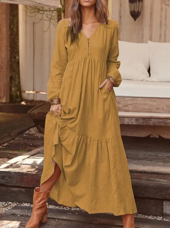New Autumn Winter Women’s Long Dress – Retro V-Neck Button Long Sleeve Cotton Dress | Wide Swing Casual Fashion