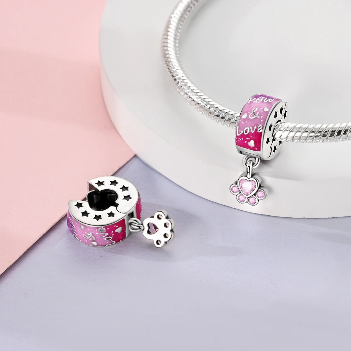 925 Sterling Silver Pave Clip Charms with Safety Chain | Colored Beads Stopper Clasp Fit Original Pandora Bracelet Jewelry