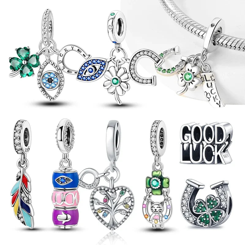 925 Sterling Silver Lucky Eye & Four Leaf Clover Charms – S925 Beads Fit Pandora Bracelet DIY Jewelry Gift for Women