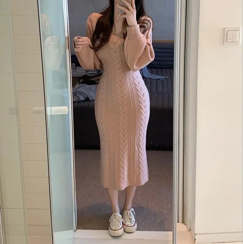Women's V-Neck Knitted Sweater Bodycon Dress – Autumn Winter Long Lantern Sleeve Slim Fit Fashion Dress