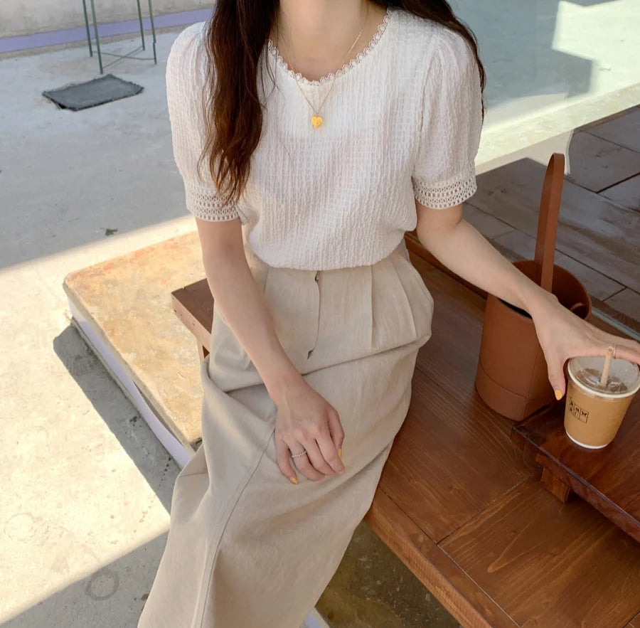 Elegant White Lace Hollow Out Blouse | Fairy-Style Bubble Sleeve Summer Top for Women