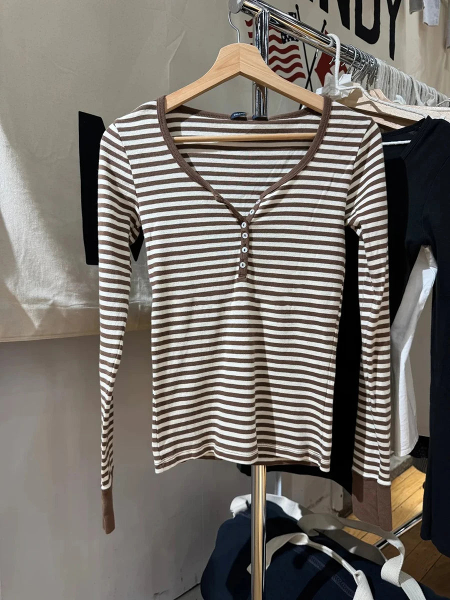 Women’s Pink Striped Slim Long Sleeve Tee | Casual Cotton O-Neck T-Shirt | Sweet Vintage Y2K Top