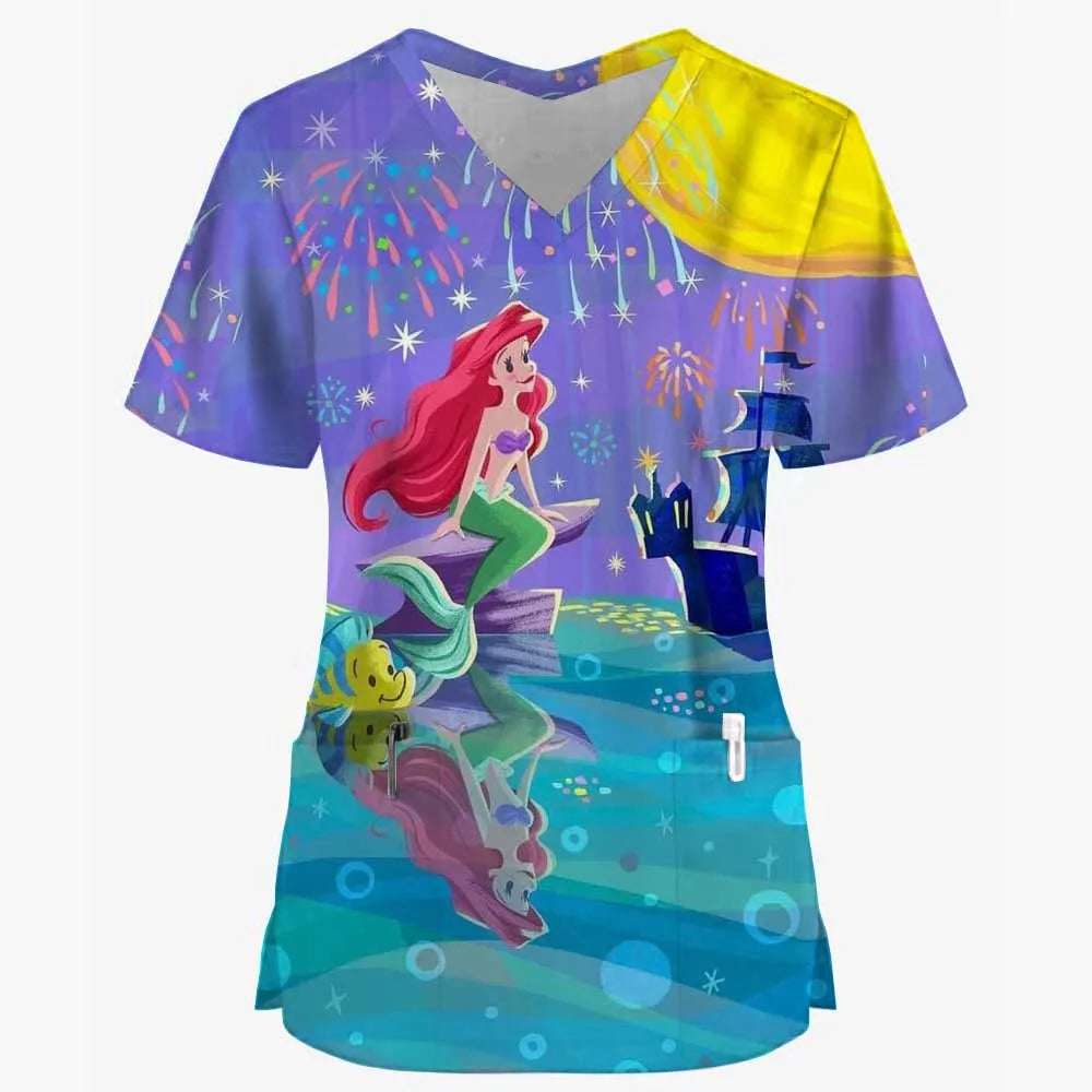 Disney Princess Ariel & Elsa Print Scrub Tops – Women’s Nurse & Dentist Work Uniform 👩‍⚕️✨