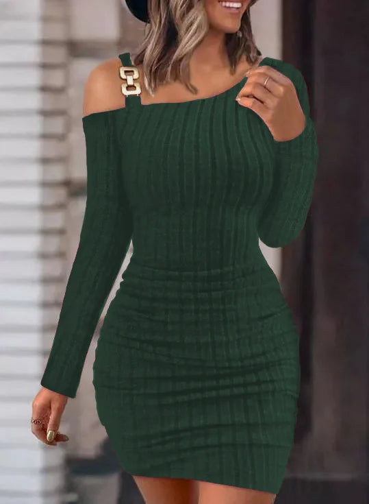 Sexy Off-Shoulder Slope Neck Long Sleeve Hip Dress for Women – Slim Solid Color Autumn Winter Party Dress