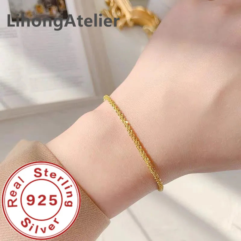 New 925 Sterling Silver 2.5MM Sparkling Ripple Gold-Plated Bracelet – Unisex Luxury Jewelry Gift