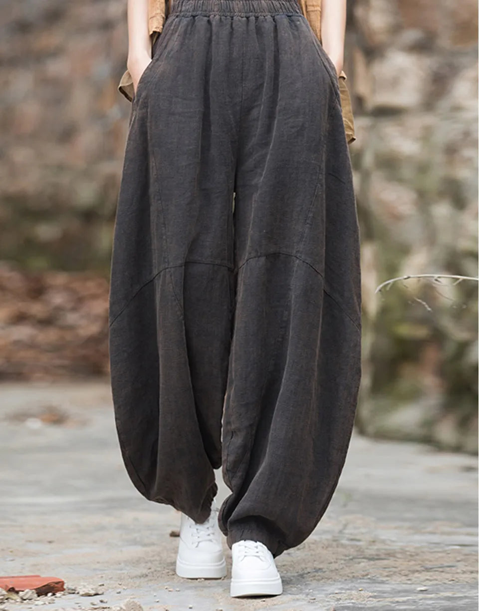 Elegant Women’s Cotton Linen Baggy Cargo Pants – Vintage Elastic Waist Wide-Leg Casual Trousers