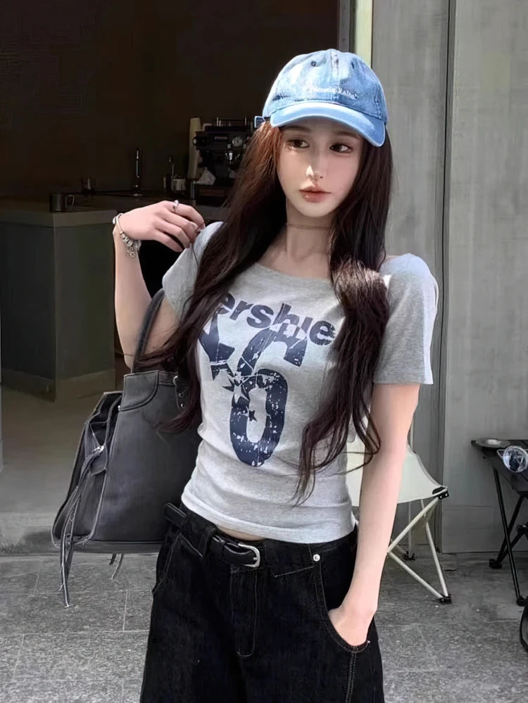 Y2K Sport Summer Off Shoulder Top for Women – Sexy Vintage 2000s Crop T-Shirt Short Sleeve Casual Body Fit Top