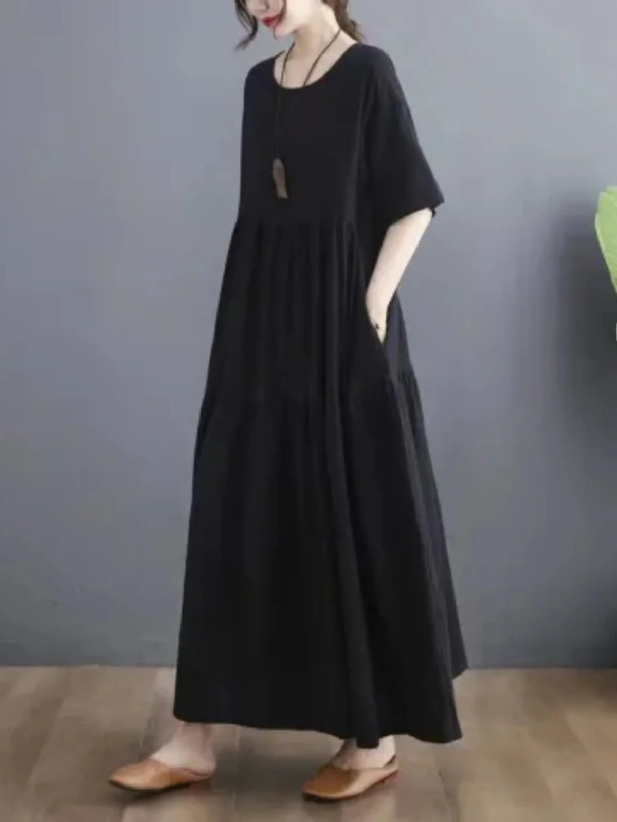 Cotton Linen Midi Dr Slimming A-Line Skirt High Waist Concealing Belly Summer New Sle Artistic Mid-aged And ly Wome...