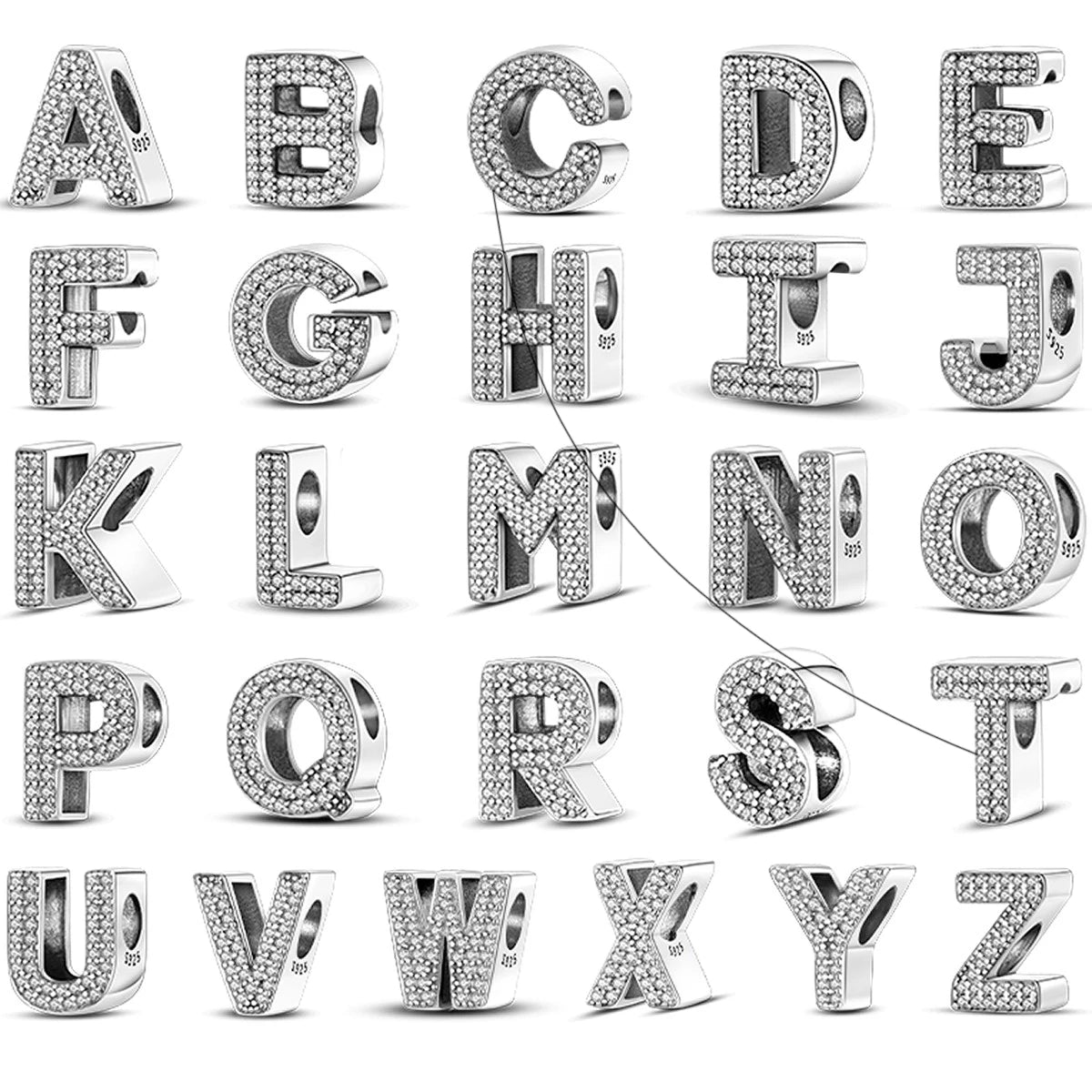 925 Sterling Silver A-Z Alphabet Letter Beads | LOVE Initial Charms | Fit Original Pandora Bracelet | CZ Zircon Jewelry