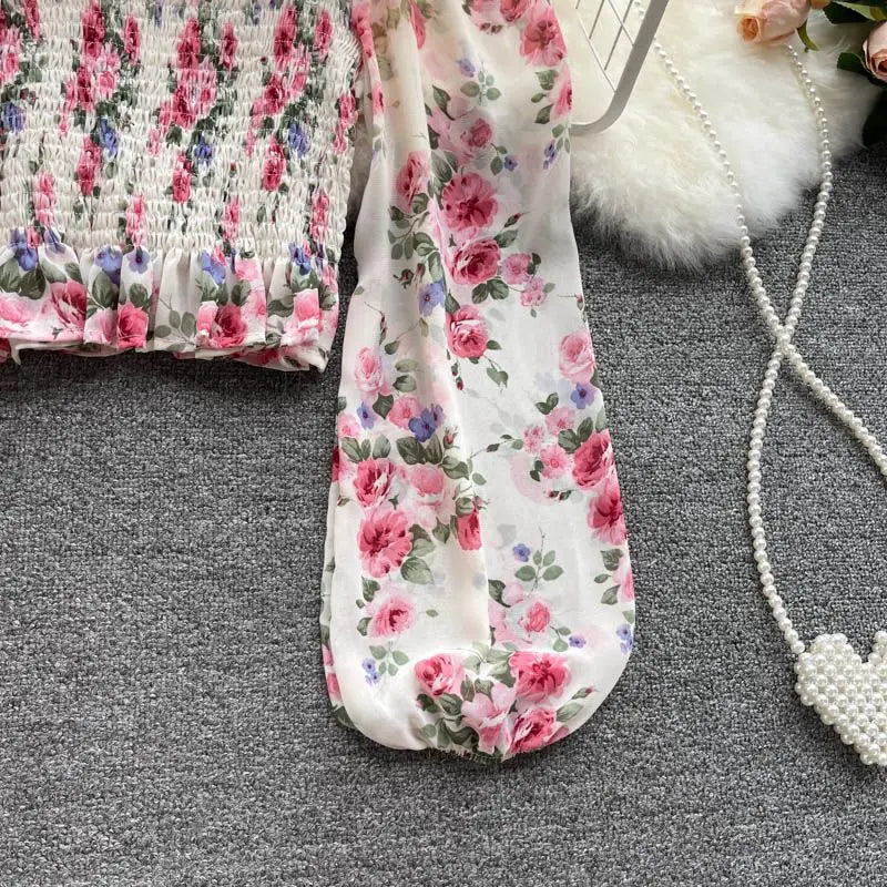 Pink Floral Chiffon Blouse for Women – Square Collar Lantern Sleeve Korean Summer Top 2024 🌸👚