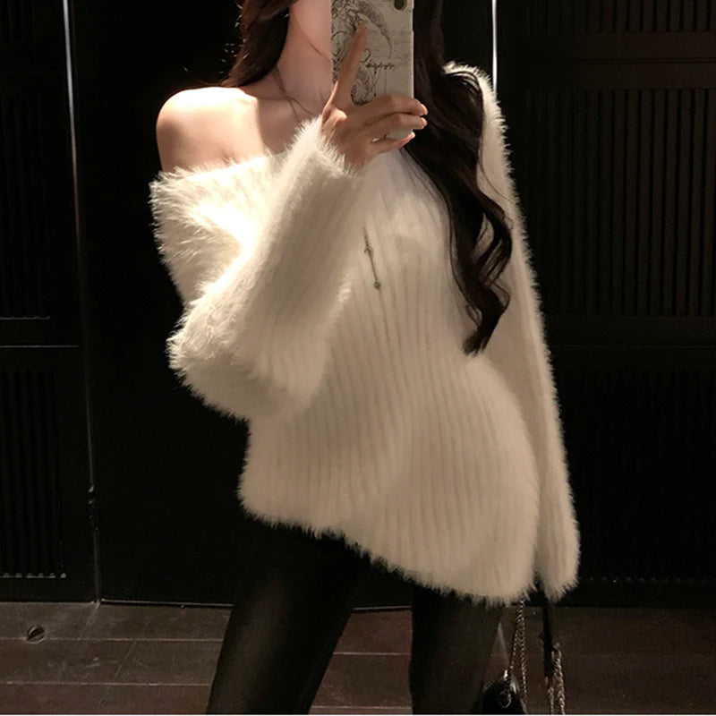 Fuzzy Knit Sweater for Women – Soft Fluffy Boat Neck Tunic Top | Rib-Knit Fitted Plain Jumper Autumn Winter Basic Outfit