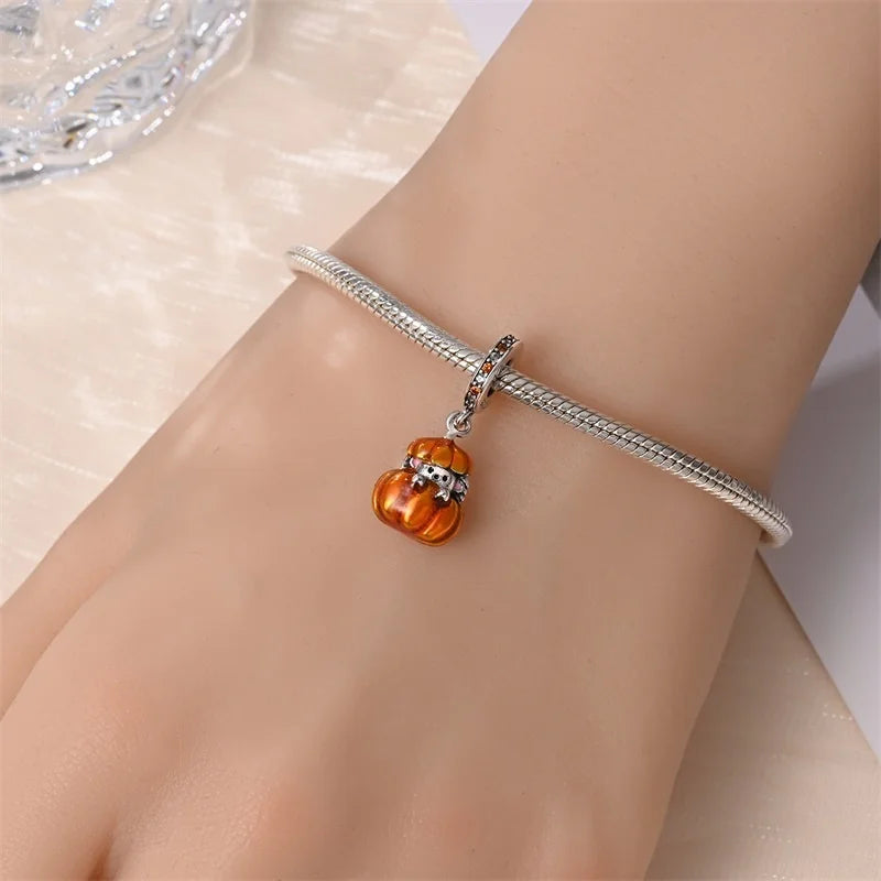 925 Sterling Silver Squirrel & Maple Leaf Charm | Shiny Zircon Autumn Beads Fit Pandora Bracelet DIY Jewelry