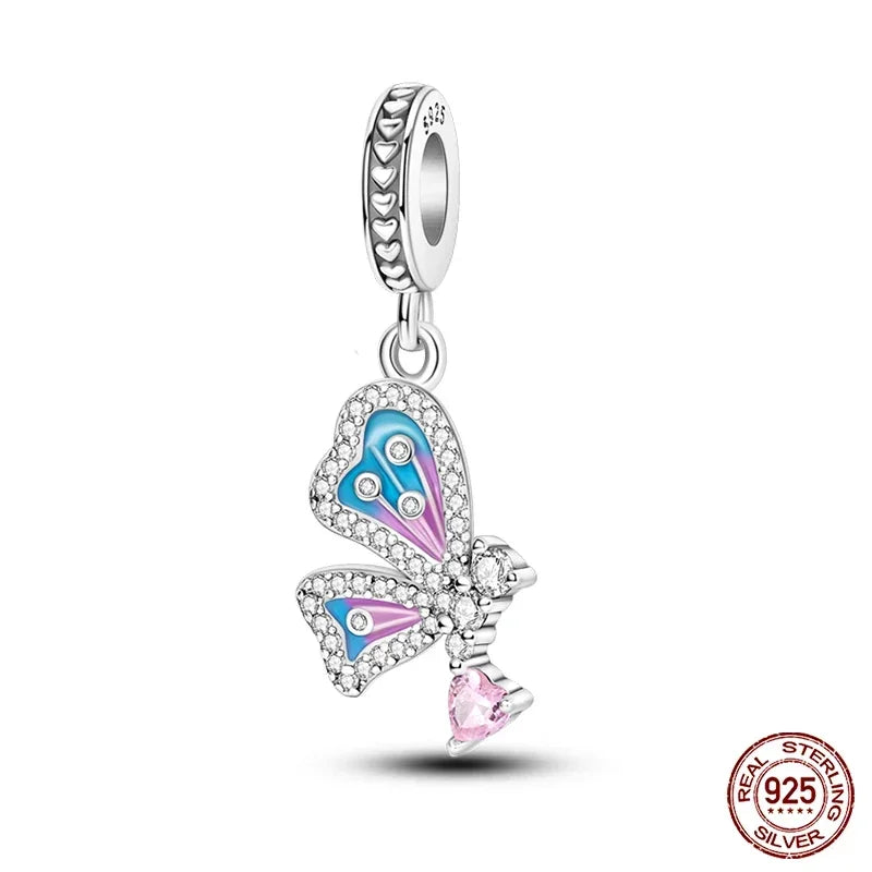 925 Sterling Silver Purple Flower & Butterfly Dangle Charm | Bead for 4MM Bracelet or Necklace DIY Jewelry Gift