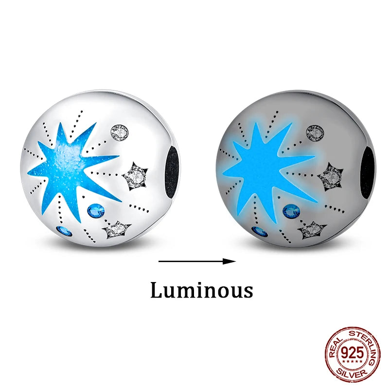 925 Sterling Silver Luminous Butterfly Star Moon Charm Bead | Round Clasp Bead for 3mm DIY Bracelet Jewelry Gift