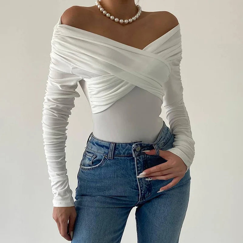 Sexy Women’s Solid V-Neck Off-Shoulder Bodysuit – Ruched Long Sleeve Slim Crossed Jumpsuit 💃✨