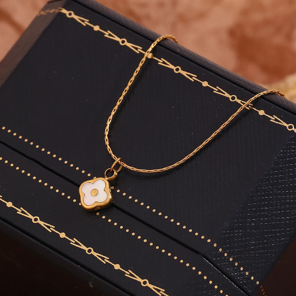 E.B.belle Mini Shell Flower Pendant Necklace – 18K Gold Plated Stainless Steel Jewelry for Women