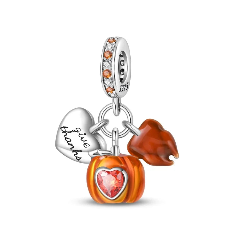 925 Sterling Silver Squirrel & Maple Leaf Charm | Shiny Zircon Autumn Beads Fit Pandora Bracelet DIY Jewelry