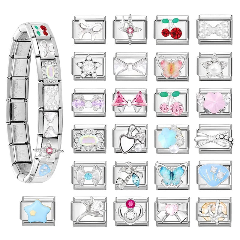 2025 Original Zircon Bow Knot Star Cherry Italian Charm | Stainless Steel 9mm Links DIY Modular Bracelet Jewelry Wholesale