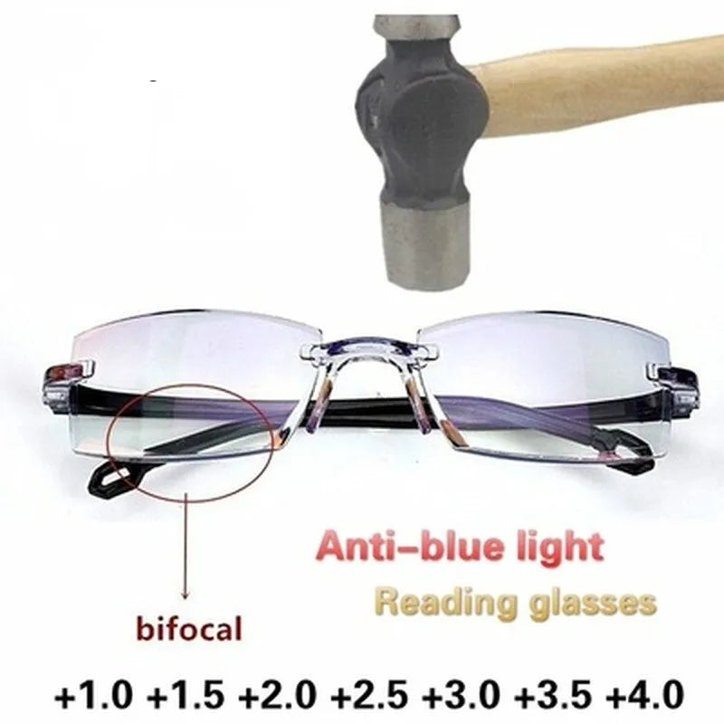 Men & Women Rimless Reading Glasses – Anti Blue Light Bifocal Eyewear for Far & Near Vision | Presbyopic Glasses +1.50/+2.00