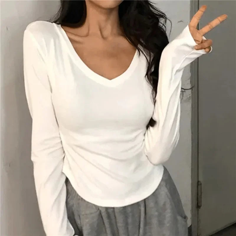2024 Sexy V-Neck Long Sleeve T-Shirt for Women | Elastic Thin Solid Top for Spring & Autumn