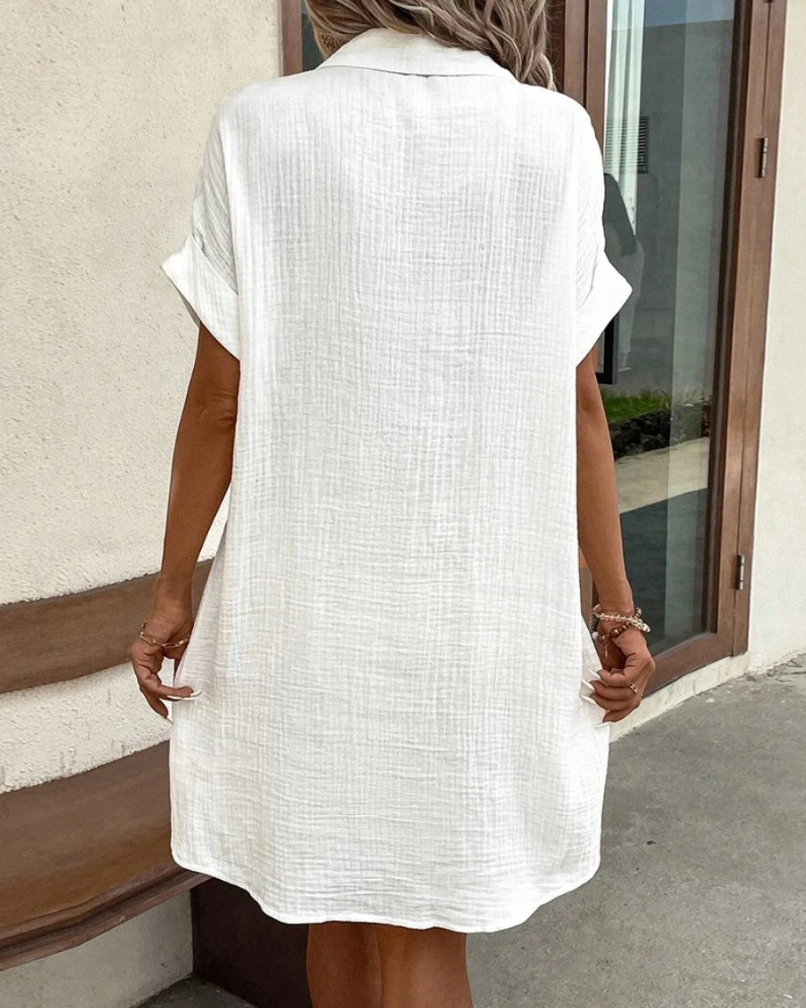 Vintage Women’s Solid Mini Dress – Summer V-Neck Three-Quarter Sleeve Cotton Linen Casual Dress