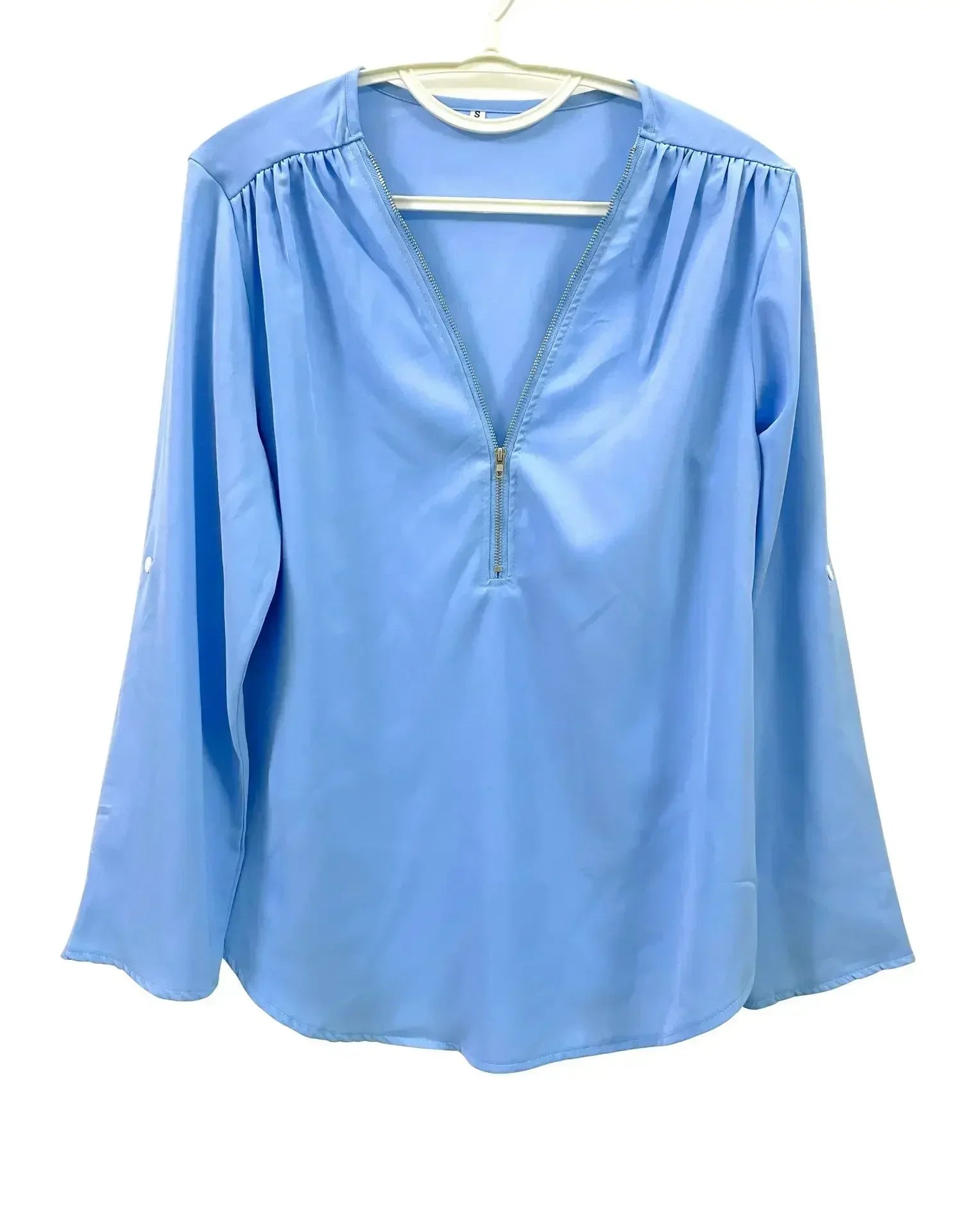 Summer Women’s Chiffon Blouse | Deep V-Neck Zipper Tops | Casual Loose Long Sleeve Plus Size Shirt