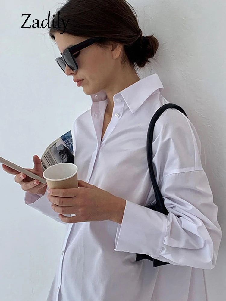Zadily Autumn 2025 Women’s Oversized White Long Shirt – Minimalist Patchwork Button-Up Work Blouse