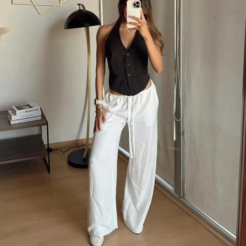 HXAO Women’s Baggy Wide Pants – Summer Linen Casual High Waist Pleated Trousers Black & White