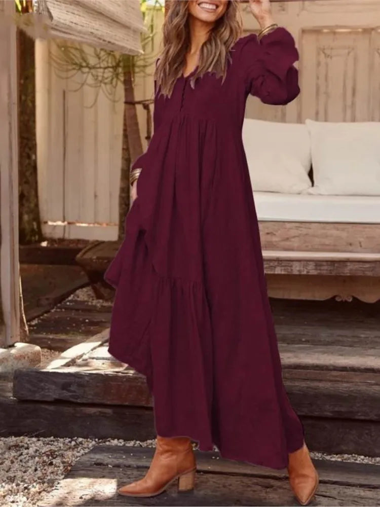 New Autumn Winter Women’s Long Dress – Retro V-Neck Button Long Sleeve Cotton Dress | Wide Swing Casual Fashion