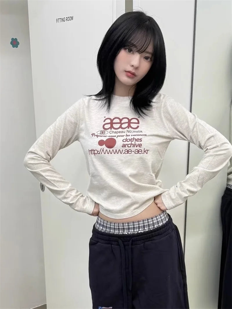 Women’s Slim Fit Round Neck Long Sleeve T-Shirt | Handmade Color Block Letter Print Base Layer Top