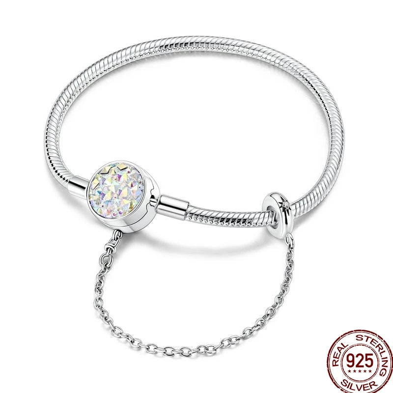 925 Sterling Silver Heart Moon Sun Clasp Charm Bracelet | 17–20CM Original Bracelet for Women | Fits Pandora DIY Beads Jewelry