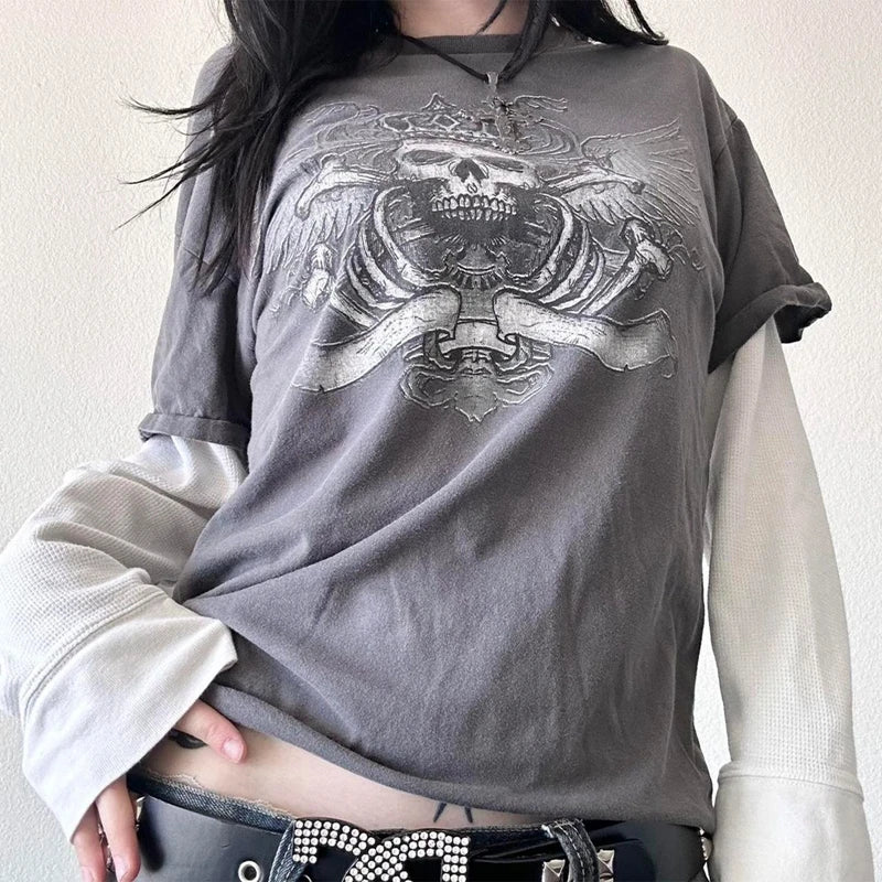Y2K Grunge Emo Vintage T-Shirt | Gothic Patchwork Long Sleeve E-Girl Cyber Goth Streetwear Top