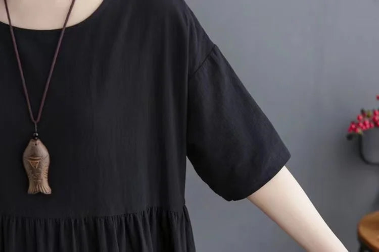 Cotton Linen Midi Dr Slimming A-Line Skirt High Waist Concealing Belly Summer New Sle Artistic Mid-aged And ly Wome...
