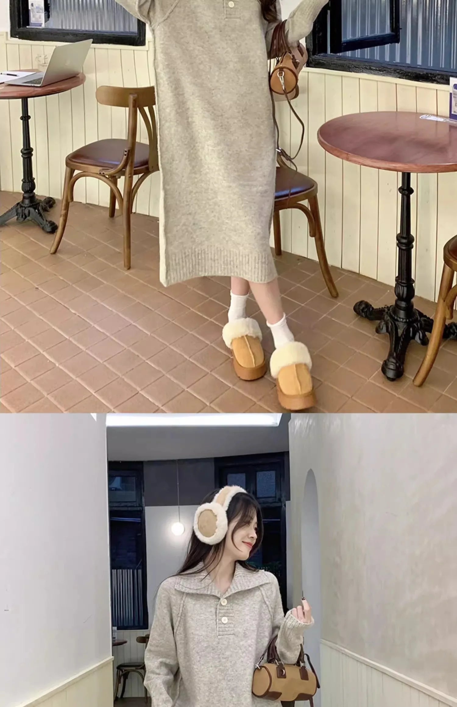 Women’s V-Neck Knitted Dress – Loose Fit Mid-Length Knee-Over Sweater Dress, Autumn Winter Base Layer Inner Wear