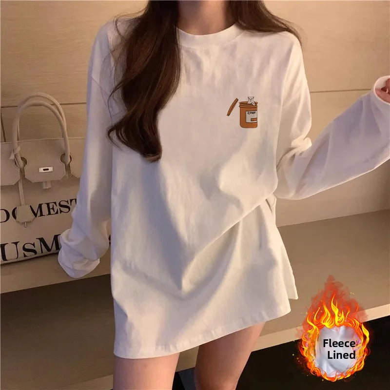 Women’s Long Sleeve Cotton T-Shirt | Fleece-Lined White Base Layer | Loose Fit Autumn Inner Wear