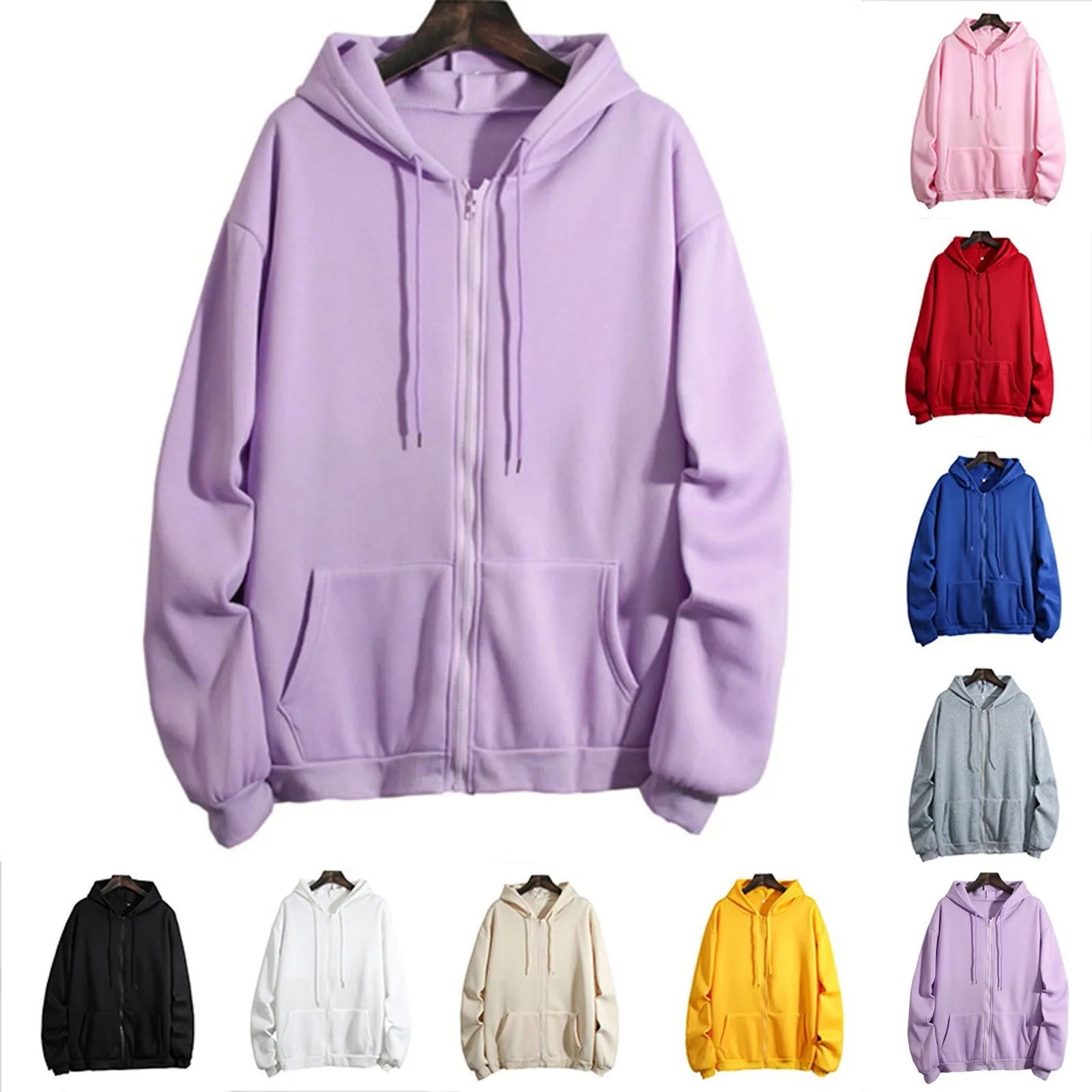 Spring Autumn Women Solid Color Hooded Sweatshirt Coat | Zipper Pocket Hoodie Jacket | Casual Outerwear Femme