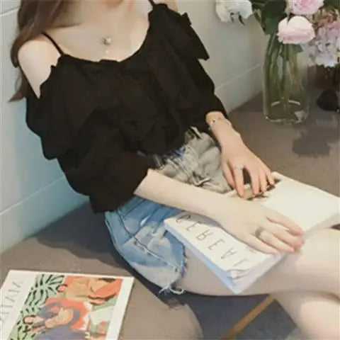 Women’s Ruffle Youth Elegant Chiffon Blouse – Low Cut Summer Fashion Top 👚☀️