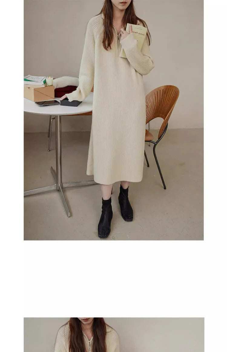Plus Size Women's Knitted Midi Dress – Casual Loose Waist H-Shape Straight Tube Skirt, Long Sleeve Pure Color Polyester Fiber
